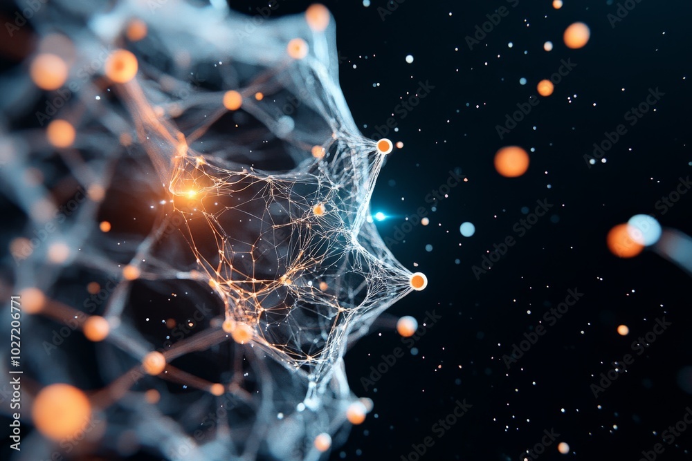 Poster an intricate array of interconnected nodes and lines glowing in blue and orange, represent a network
