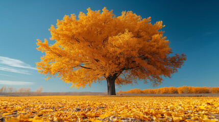 Yellow color Maple tree in the garden in Autumn landscape with blue sky