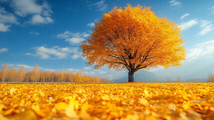 Yellow color Maple tree in the garden in Autumn landscape with blue sky