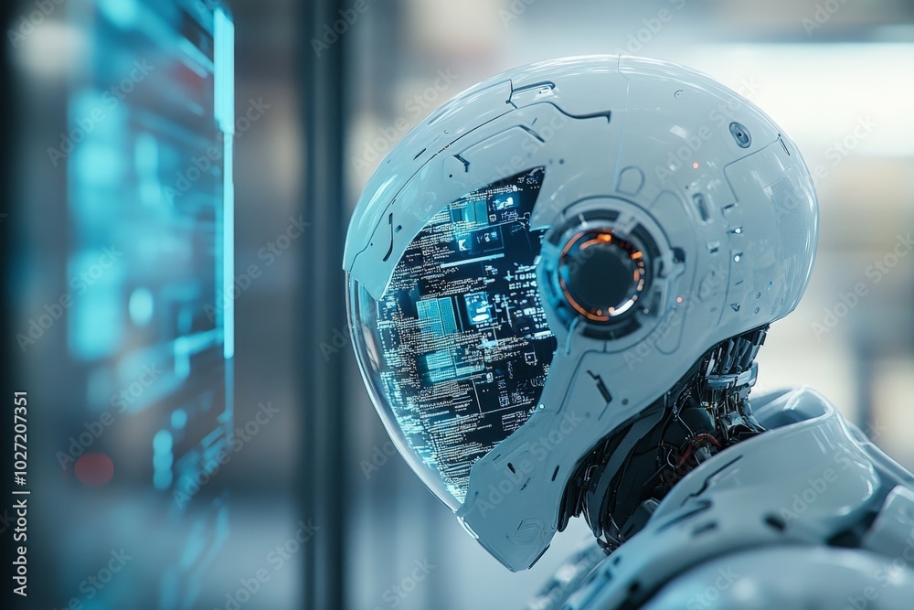 Poster a visually striking futuristic robot with a high-tech helmet, looking at a digital holographic displ