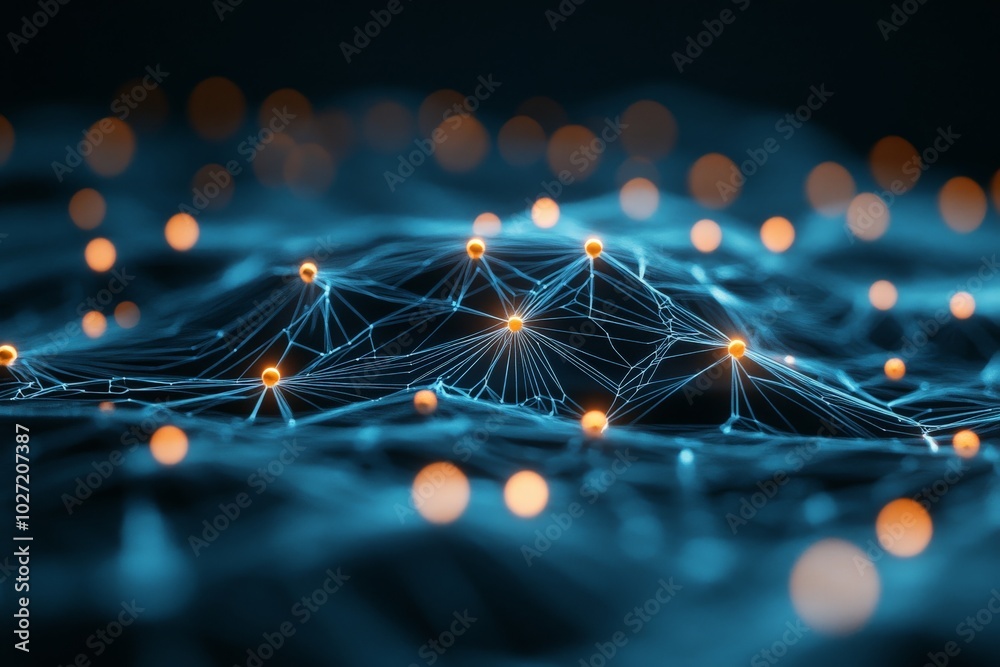 Poster an abstract representation of a network with glowing nodes connected by lines, symbolizing connectiv