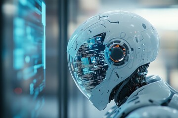 A visually striking futuristic robot with a high-tech helmet, looking at a digital holographic display filled with technological data and interfaces.