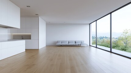 A spacious, minimalist living room with large windows, natural light, and modern furnishings overlooking green scenery.