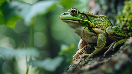 Female green frog sit on a tree