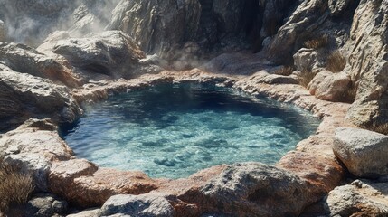 A natural hot spring pool surrounded by rocks with steam rising from the water.