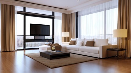 Fototapeta premium A modern living room featuring a white sofa, large windows with natural light, a dark coffee table, and decorative elements.