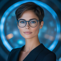 Headshot of an attractive woman with short hair, wearing glasses and business attire, in front of a futuristic background, with a circular blue frame. The image is professionally photographed, with pr