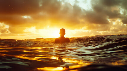 A person wades through ocean water during a vibrant sunset on a warm evening
