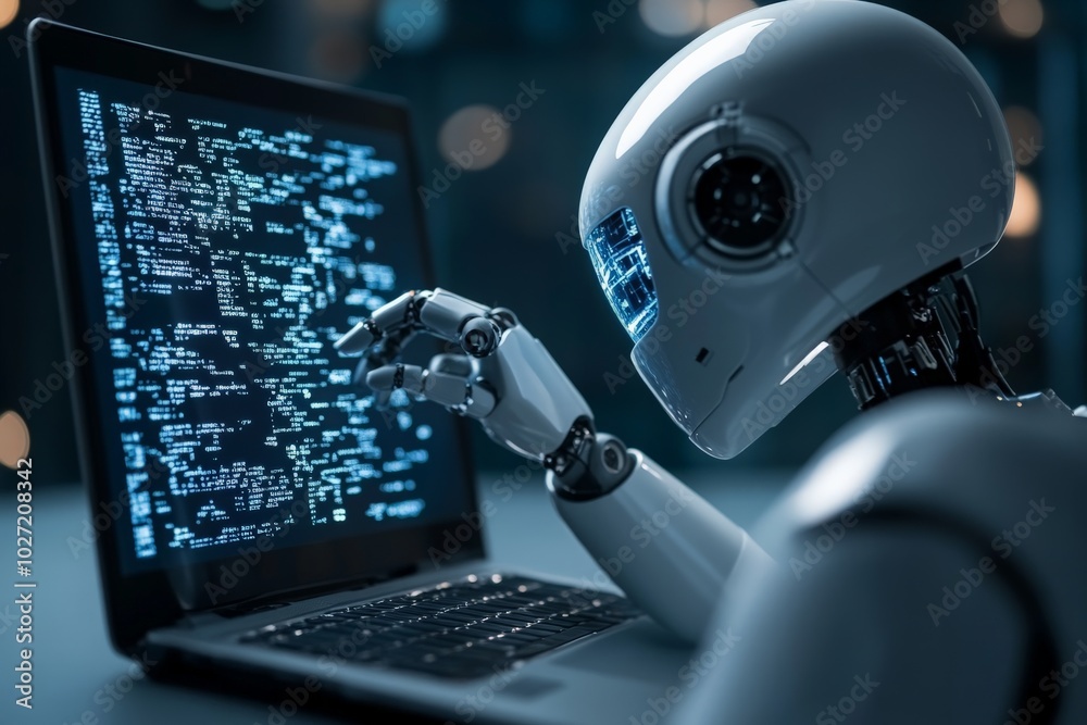 Poster a humanoid robot focused on programming at a laptop, set in a futuristic environment with led-lit da