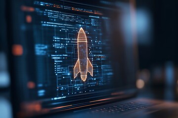 A detailed digital model of a rocket is showcased on a futuristic screen with circuit-like design elements, symbolizing space exploration and innovation in technology.