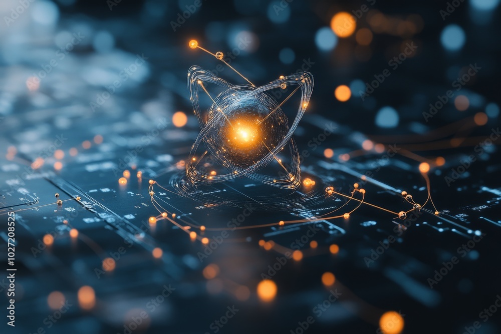 Poster a glowing quantum particle orbits above a circuit board layout, symbolizing the intersection of adva