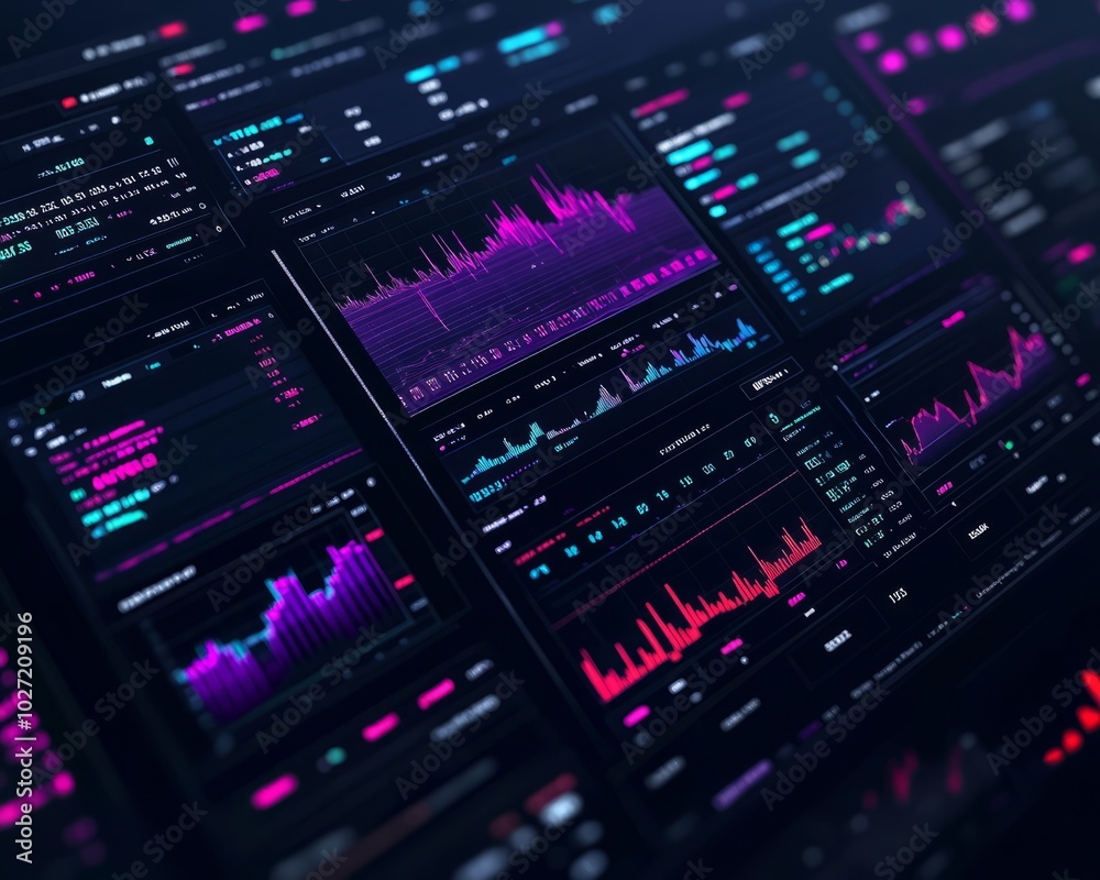 Poster Close-up of a computer screen displaying multiple graphs and charts, with neon-colored data points.