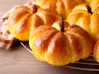 Fresh homemade pumpkin shaped buns