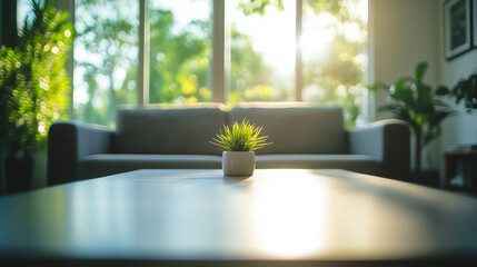Sunlit living room featuring a cozy sofa and a small potted plant on a coffee table, creating a serene and inviting atmosphere.