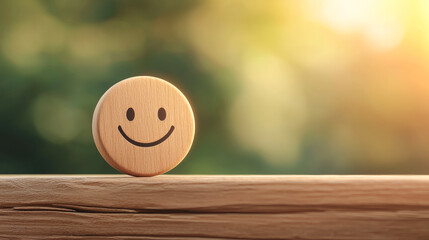A cheerful wooden smiley face on a table against a soft background, representing positivity and joy in a tranquil setting.