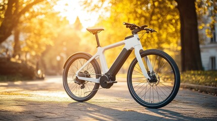 White Electric Bicycle Parked on a Paved Path