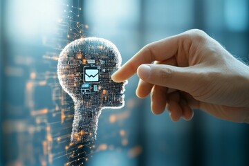A digital silhouette interacts with a fingertip, symbolizing the fusion of human touch and technology, reflecting innovation in modern digital communications.