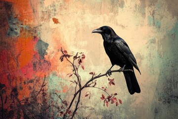 Fototapeta premium Black raven perched on branch with artistic background