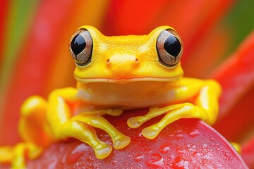 Yellow frog resting on red flower closeup