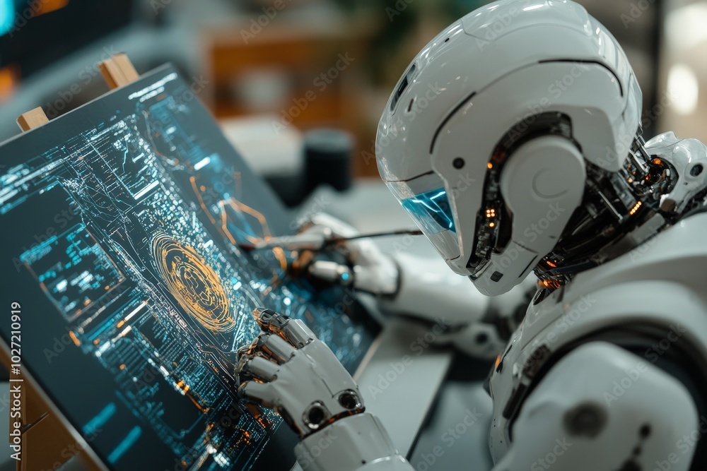 Poster an advanced robotic engineer is deeply focused on working with a digital interface, highlighting the