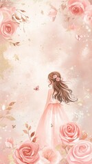 A dreamy scene featuring a girl in a pink dress, surrounded by delicate roses and butterflies, evoking a sense of beauty and wonder.