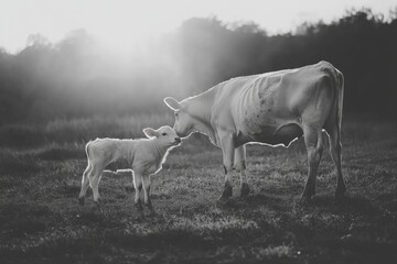 Cow and calf sharing a tender moment in a field at sunset