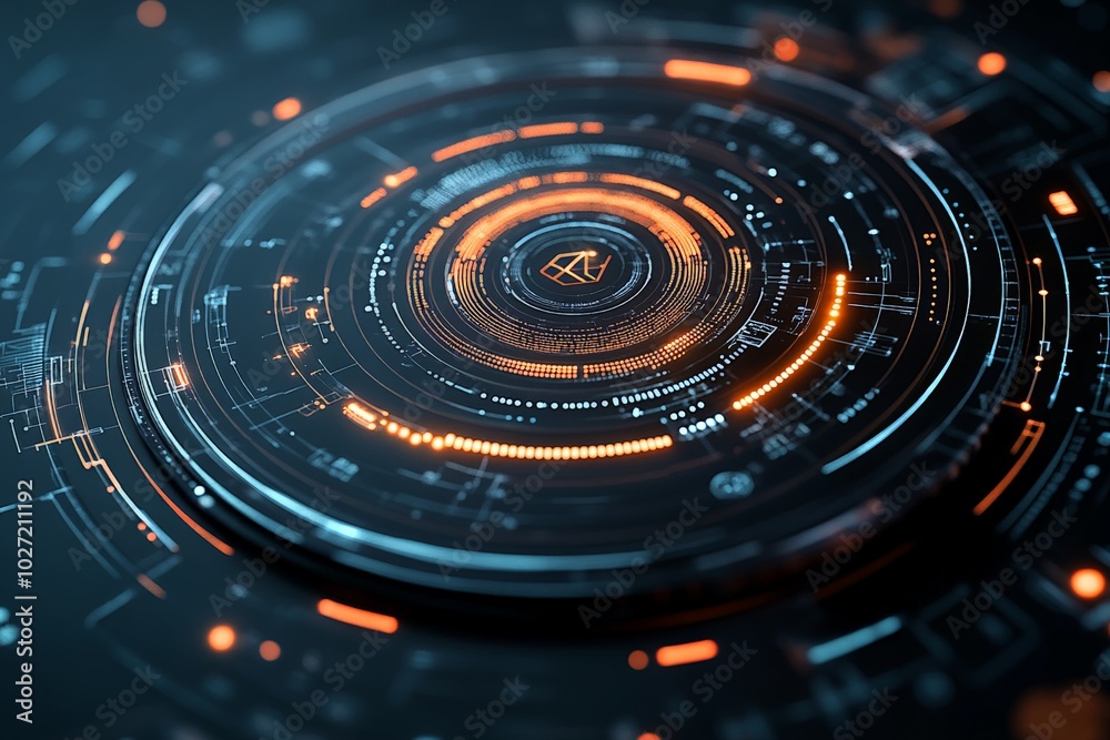 Poster a high-tech digital interface with circular glowing elements showcases the futuristic design and inn
