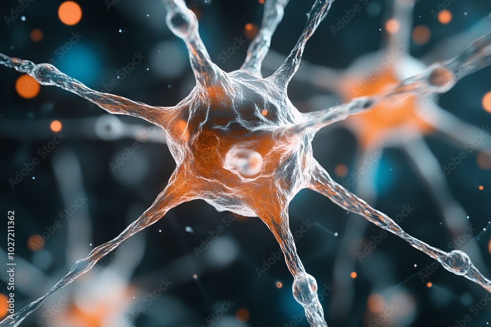 Poster a detailed representation of a singular neuron with dynamic orange and blue accents, representing th