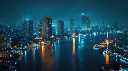 Naklejka premium Chao phraya river reflecting bangkok cityscape at night