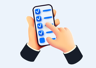 Cute cartoon hand holding mobile smartphone with checklist. Feedback concept.