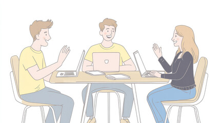 Three people at table with laptops. Animated style. Friendly. Light blue bg. Emphasizes team diversity.