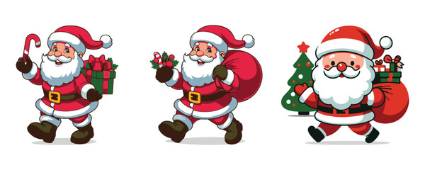 Cartoon Christmas Santa Claus Character With gift box and bag vector design set Collection