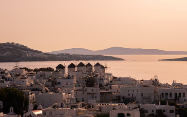 Fototapeta premium Beautiful views of Mykonos island at sunset in Greece.