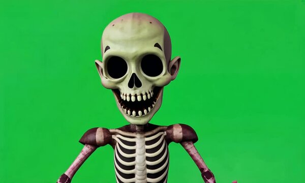 Cartoon skeleton with a big smile on a green screen background.