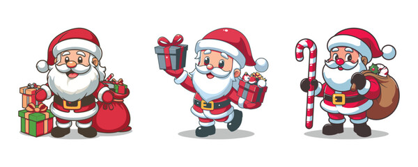 Cute Christmas Santa Claus Cartoon Character With gift box and bag vector design set Collection