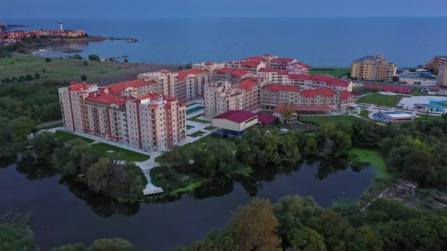 Aerial view to hotel complex on the Black Sea near a river. Aheloy, Burgas, Bulgaria