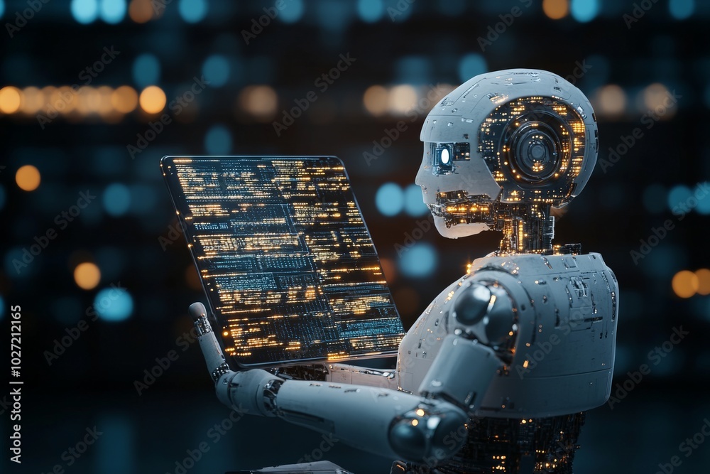 Poster a humanoid robot sits within a digital setting, using a laptop to write code, creating a futuristic 