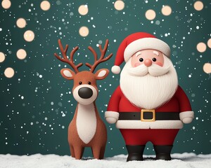 Adorable cartoon Santa and reindeer in a snowy festive scene with twinkling lights, capturing the magic of Christmas and holiday spirit.