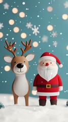 Festive Santa and reindeer figurines in snowy scene with bokeh lights, capturing holiday cheer and Christmas spirit in a whimsical setting.