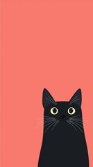 Minimalist illustration of a curious black cat peeking with alert eyes against a coral background, capturing the essence of feline curiosity.