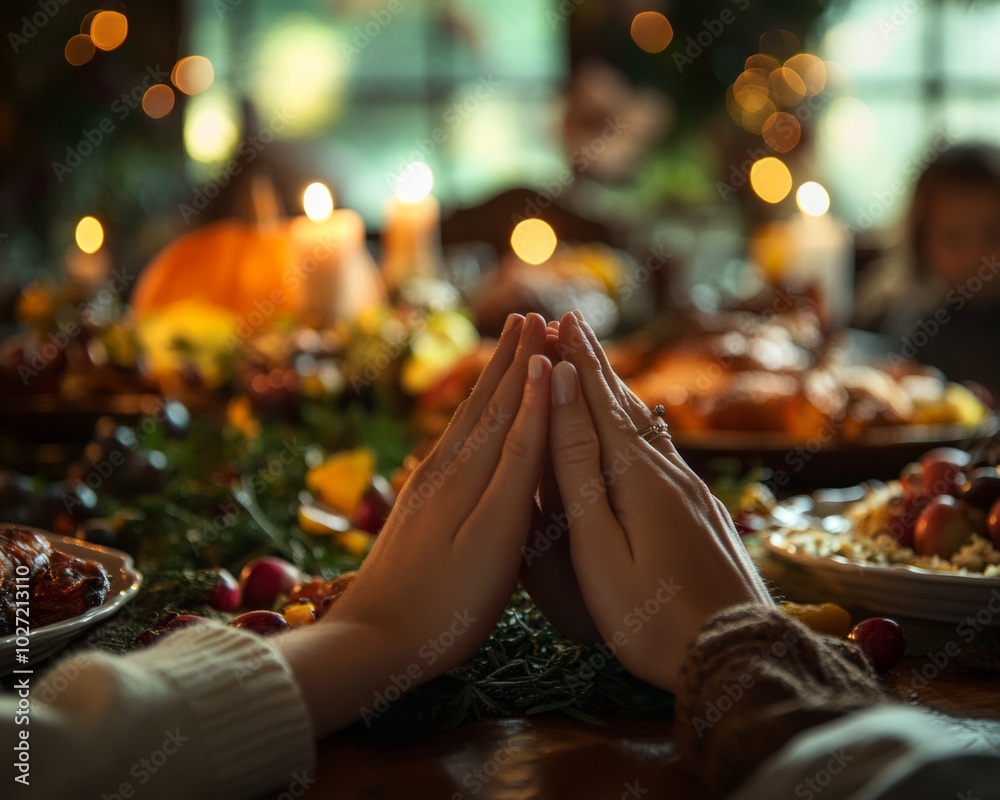 Sticker Close-up of hands clasped in prayer at a Thanksgiving dinner table, surrounded by food and family.