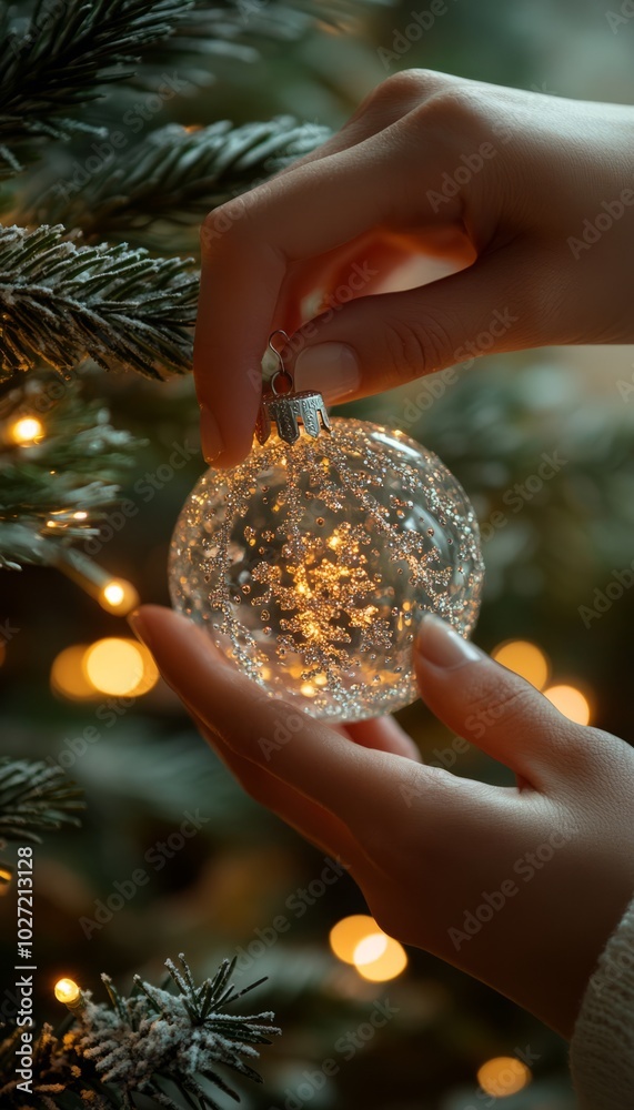 Sticker Close-up of hands decorating a Christmas tree with a clear glass ornament.