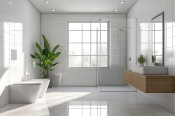 Modern minimalist bathroom with large window offering abundant natural light