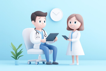 Fototapeta premium A cute cartoon doctor and nurse discussing a patient's health in a bright and modern medical office environment.