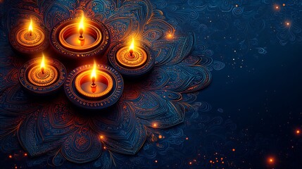 Diwali background featuring intricate paisley motifs diya lamps in a symmetrical pattern set against a deep blue background with gold accents Space is reserved in the center for text