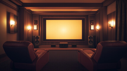 A dedicated home theater room with plush seating, a large projector screen, dim lighting, and surround sound speakers,
