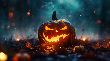 Fototapeta premium glowing halloween jack o lantern in mystical autumn forest