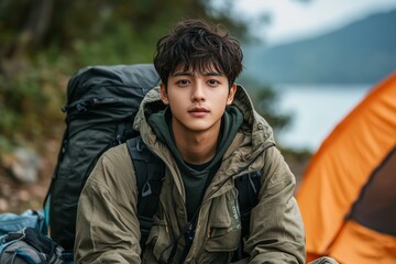 Young man is sitting in a green jacket and backpack in front of a tent. He looks tired and is staring at the camera. Thai teenager enjoying a camping trip, dressed in casual outdoor clothing