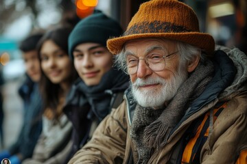 Fototapeta premium Man and a woman are standing next to each other. The man is wearing a brown jacket and a scarf, while the woman is wearing a black jacket. old man offending a group of young people at a bus stop