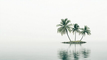 Obraz premium A small island with three palm trees stands in the middle of an endless ocean. The water is calm, and the island reflects on its surface, creating an effect of infinite space